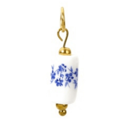 Perle cylindre fleurs bleues - 12mm